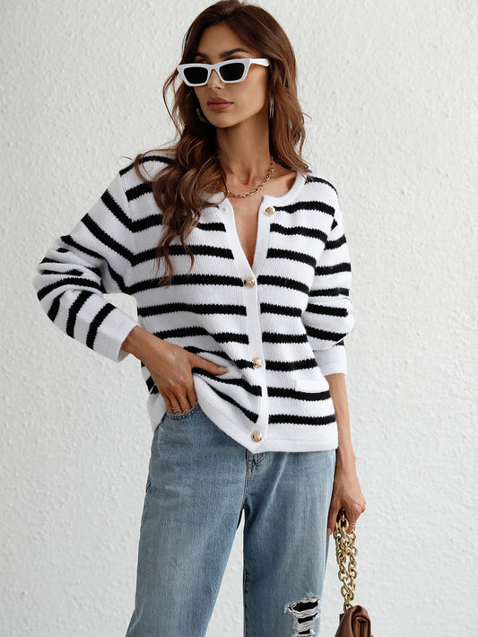 Striped Button Front Cardigan Print on any thing USA/STOD clothes