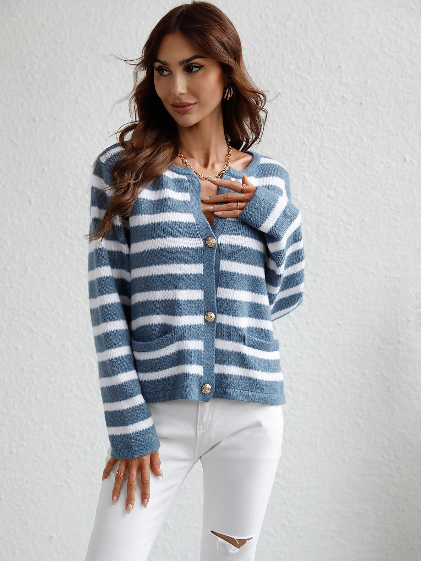Striped Button Front Cardigan Print on any thing USA/STOD clothes