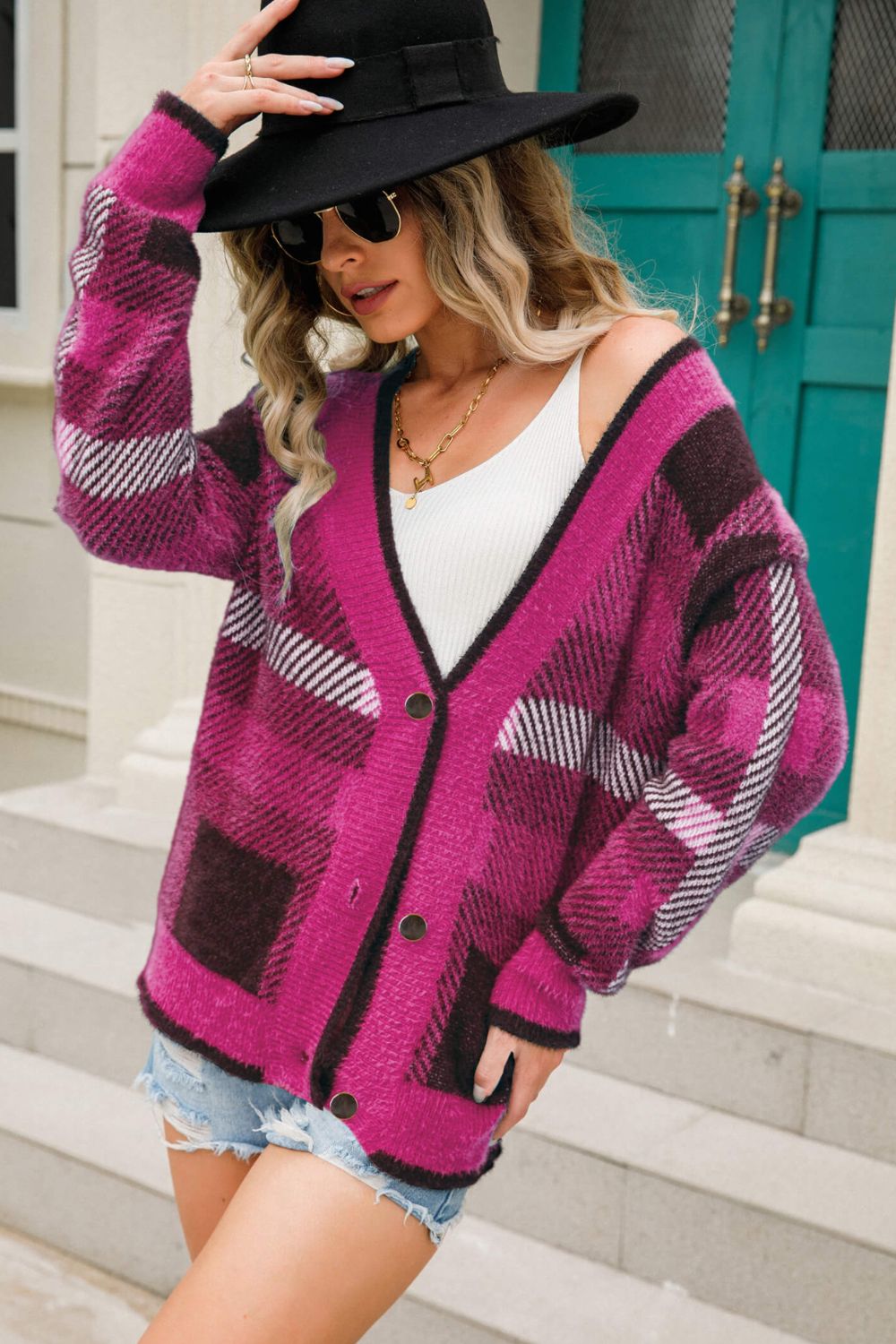 Striped Button-Front Fuzzy Cardigan Print on any thing USA/STOD clothes