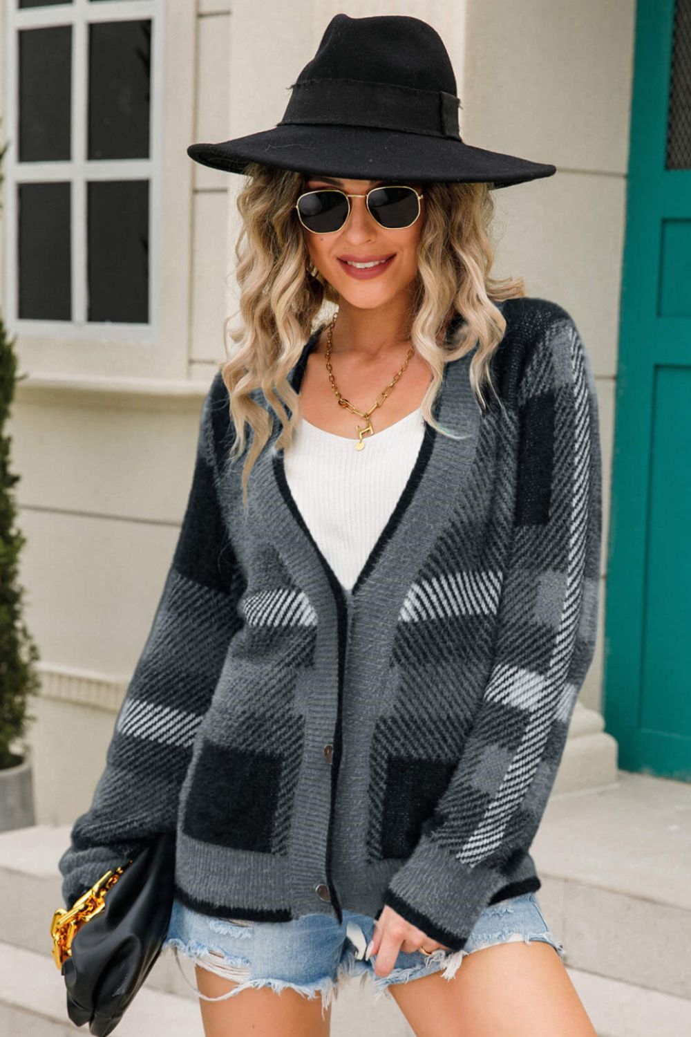 Striped Button-Front Fuzzy Cardigan Print on any thing USA/STOD clothes