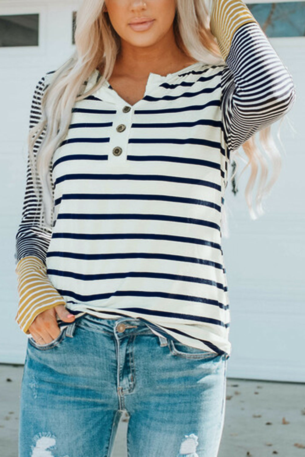 Striped Buttoned Long Sleeve Top Print on any thing USA/STOD clothes