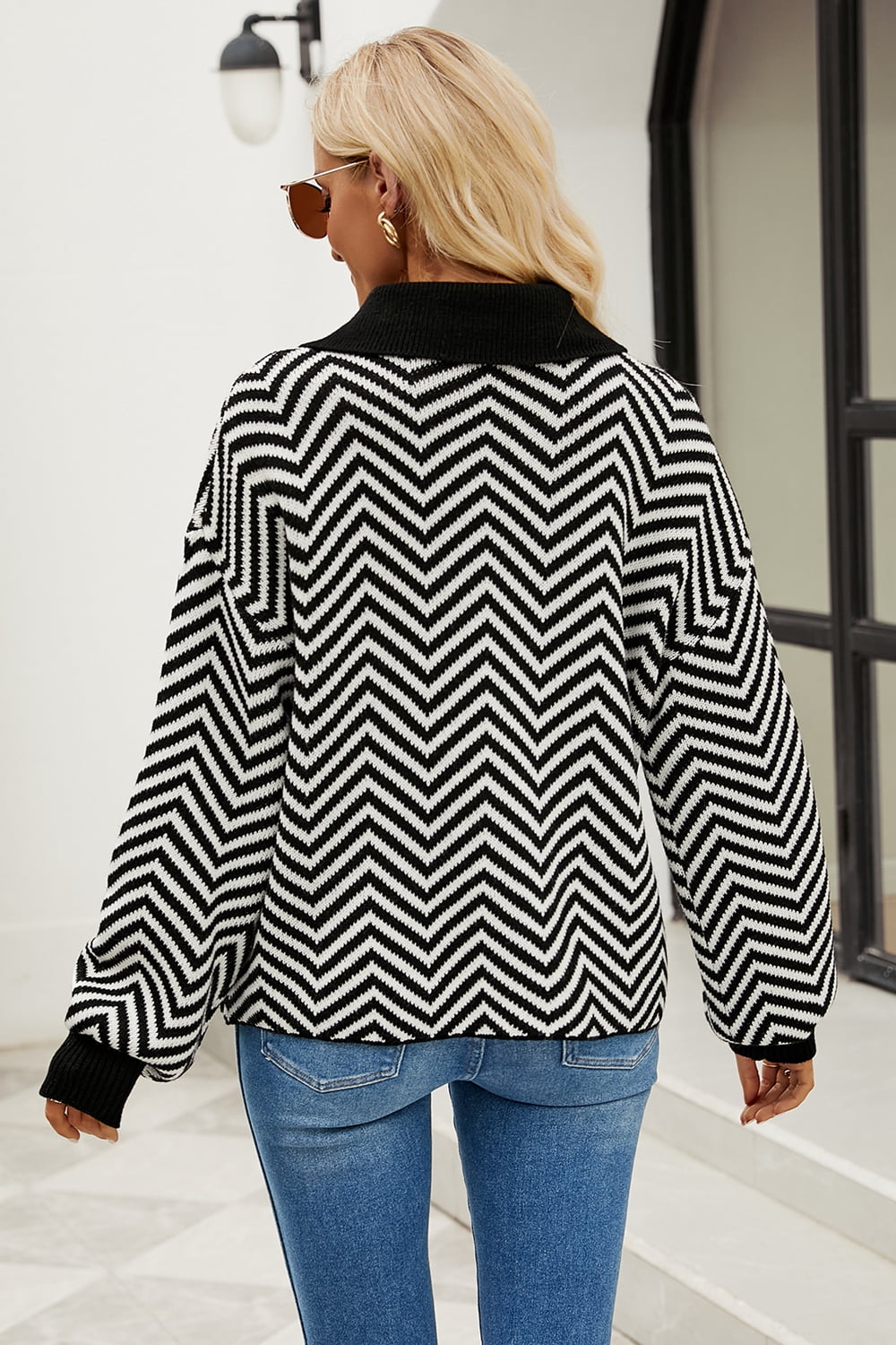 Striped Collared Neck Buttoned Pullover Sweater Print on any thing USA/STOD clothes