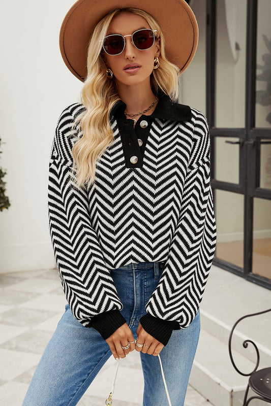 Striped Collared Neck Buttoned Pullover Sweater Print on any thing USA/STOD clothes
