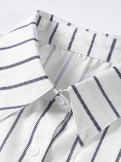 Striped Collared Neck Lantern Sleeve Shirt Print on any thing USA/STOD clothes