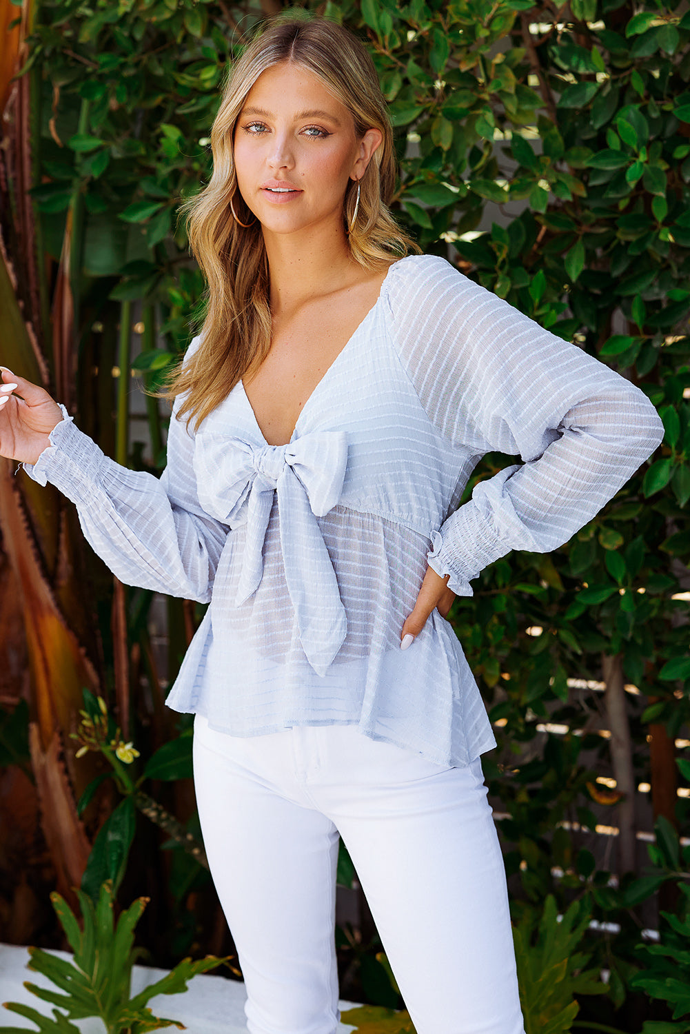 Striped Deep V Bow Detail Babydoll Top Print on any thing USA/STOD clothes