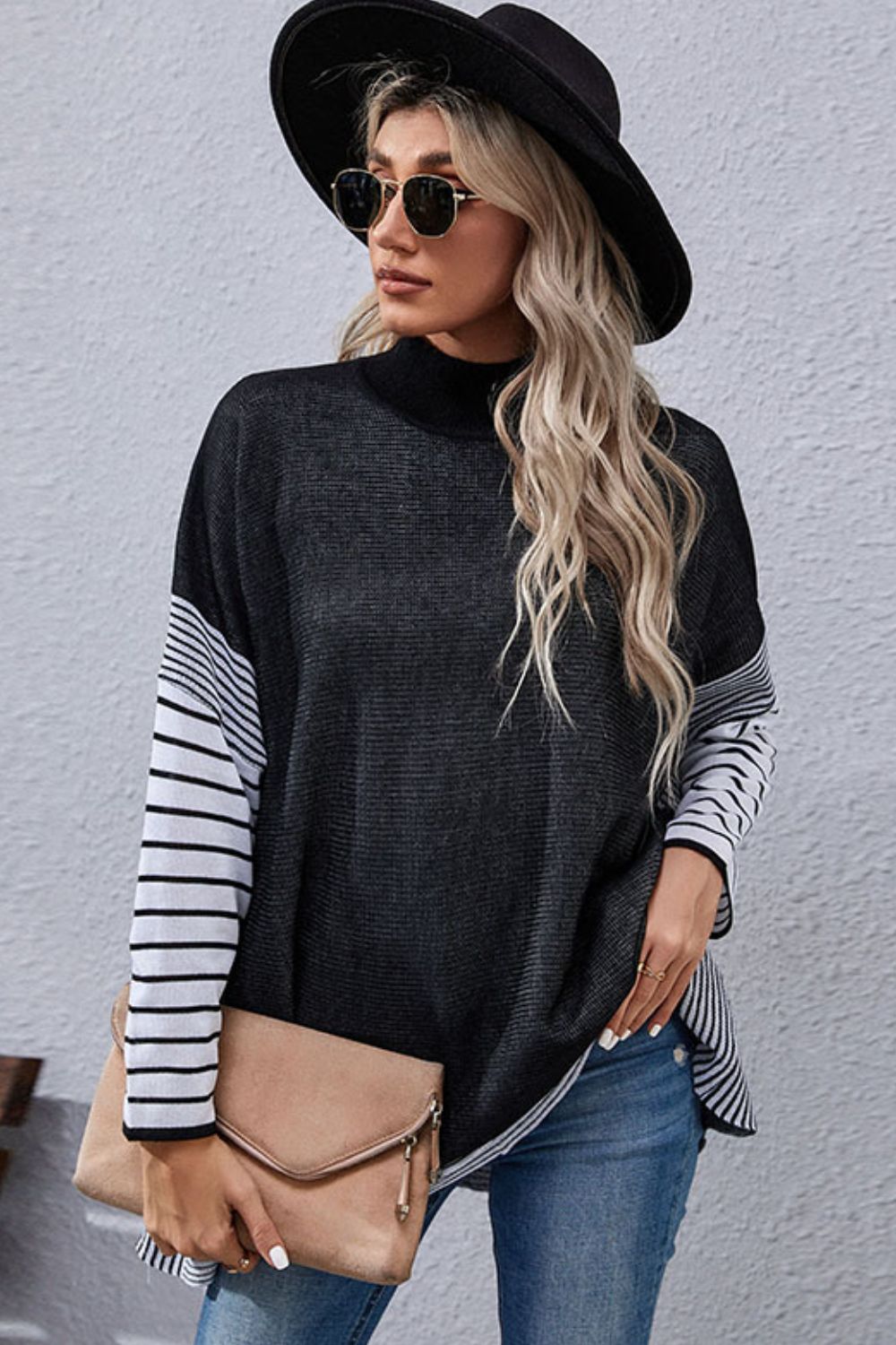 Striped Dolman Sleeve Mock Neck Knit Pullover Print on any thing USA/STOD clothes