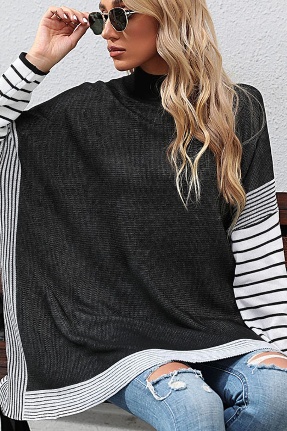 Striped Dolman Sleeve Mock Neck Knit Pullover Print on any thing USA/STOD clothes