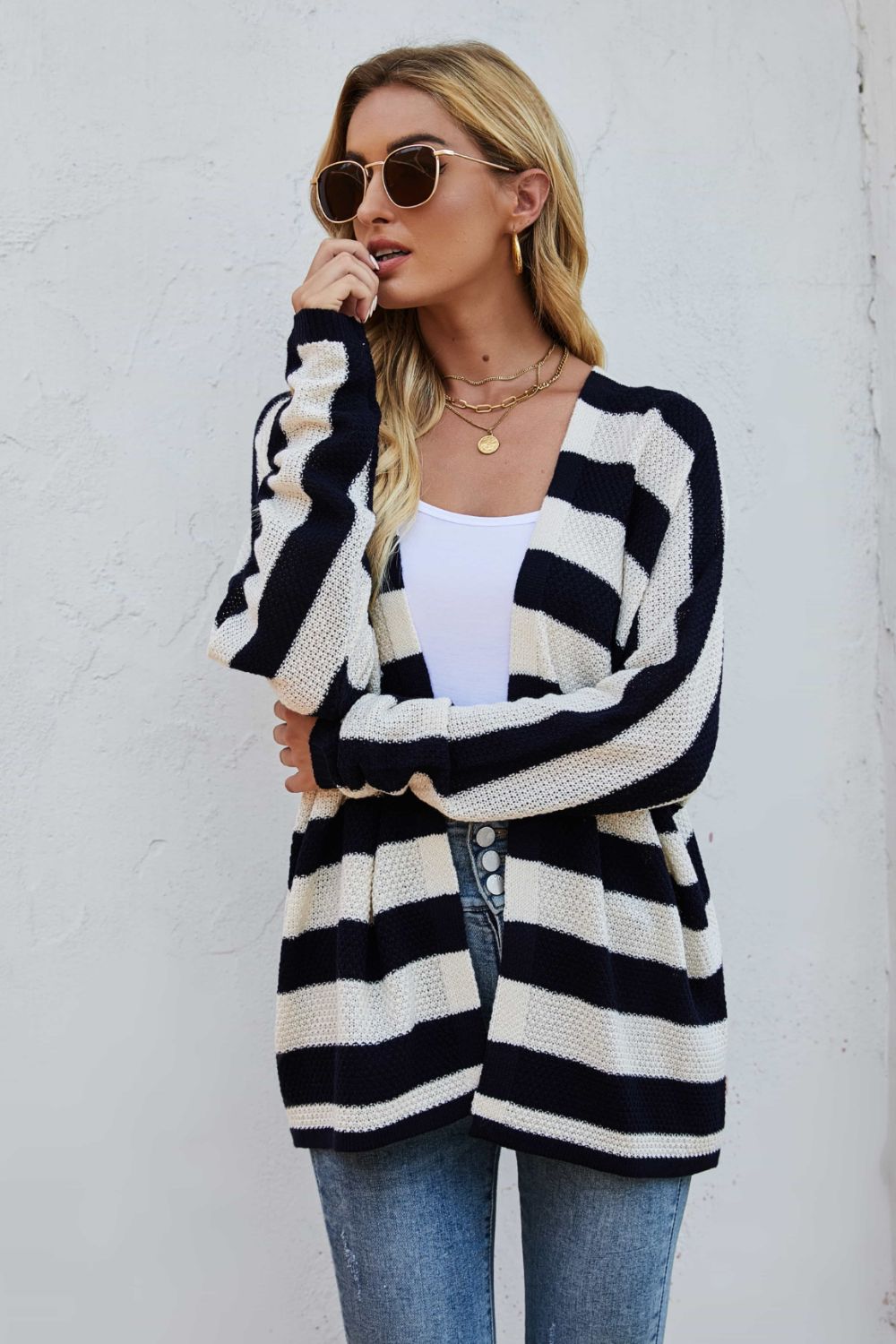 Striped Dolman Sleeve Open Front Cardigan Print on any thing USA/STOD clothes