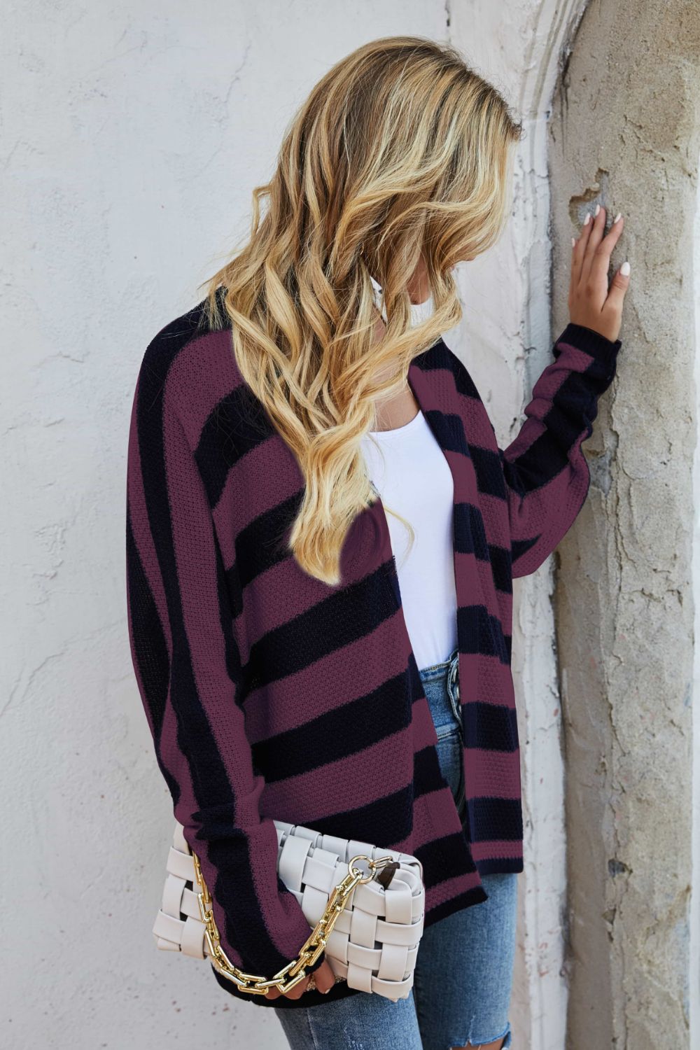 Striped Dolman Sleeve Open Front Cardigan Print on any thing USA/STOD clothes