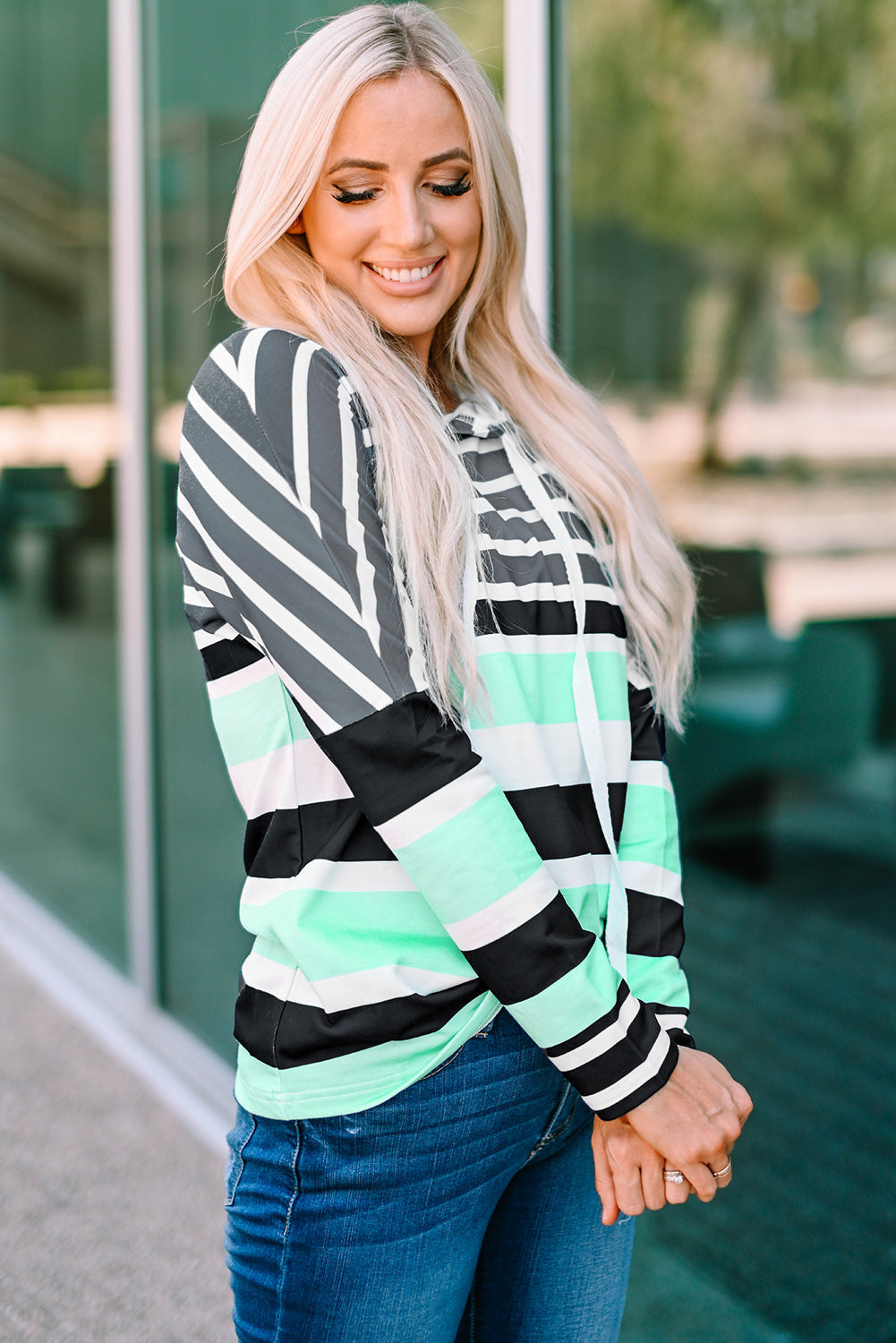 Striped Drawstring Detail Long Sleeve Hoodie Print on any thing USA/STOD clothes