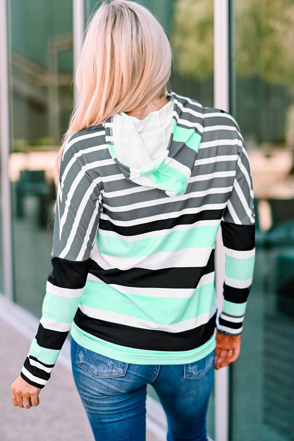 Striped Drawstring Detail Long Sleeve Hoodie Print on any thing USA/STOD clothes