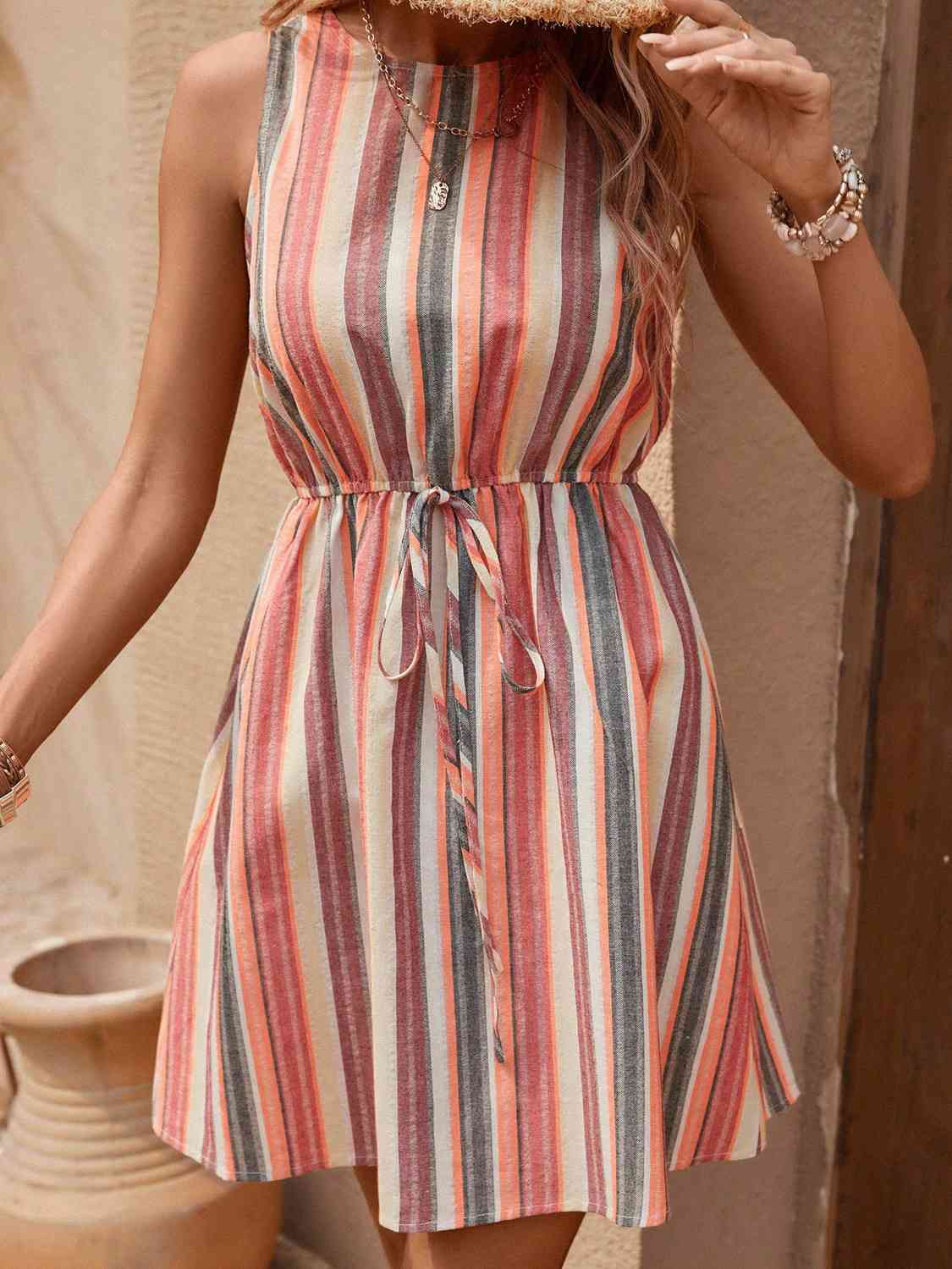 Striped Drawstring Round Neck Sleeveless Dress Print on any thing USA/STOD clothes