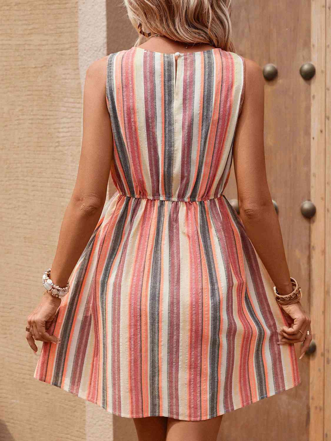Striped Drawstring Round Neck Sleeveless Dress Print on any thing USA/STOD clothes