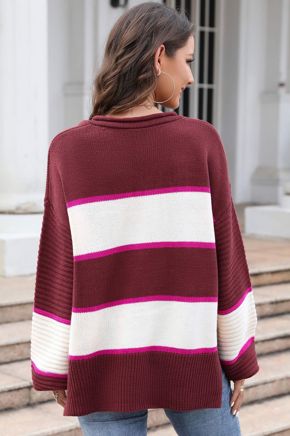 Striped Dropped Shoulder Side Slit Sweater Print on any thing USA/STOD clothes