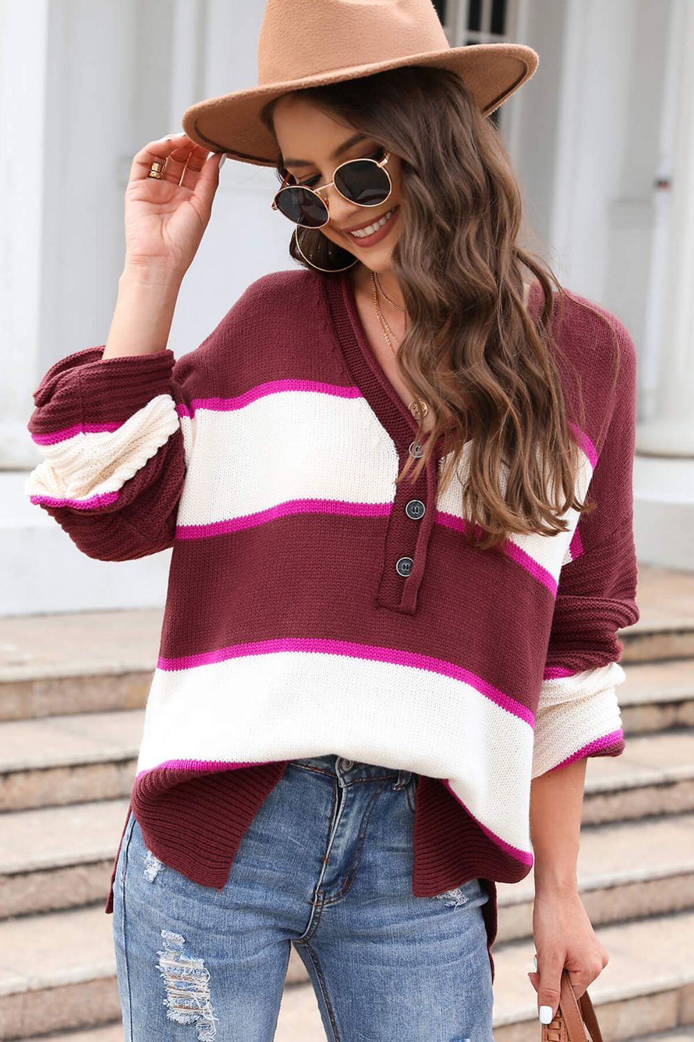 Striped Dropped Shoulder Side Slit Sweater Print on any thing USA/STOD clothes