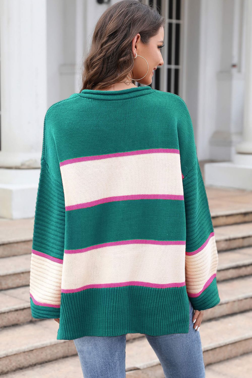 Striped Dropped Shoulder Side Slit Sweater Print on any thing USA/STOD clothes