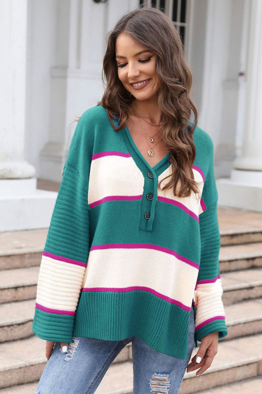 Striped Dropped Shoulder Side Slit Sweater Print on any thing USA/STOD clothes