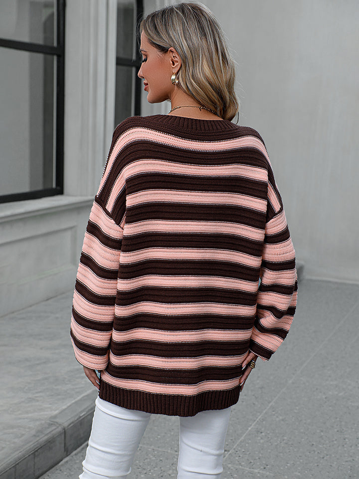 Striped Dropped Shoulder Sweater Print on any thing USA/STOD clothes