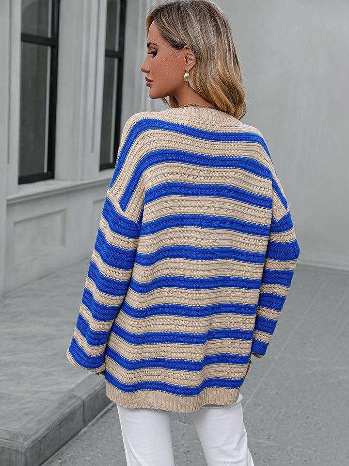 Striped Dropped Shoulder Sweater Print on any thing USA/STOD clothes