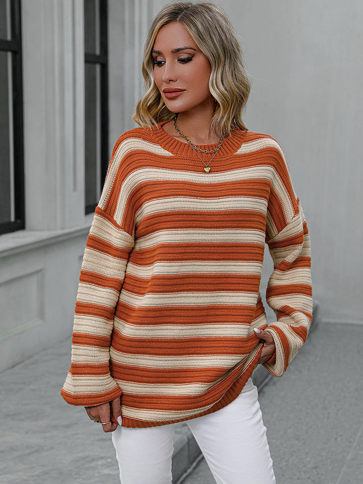 Striped Dropped Shoulder Sweater Print on any thing USA/STOD clothes