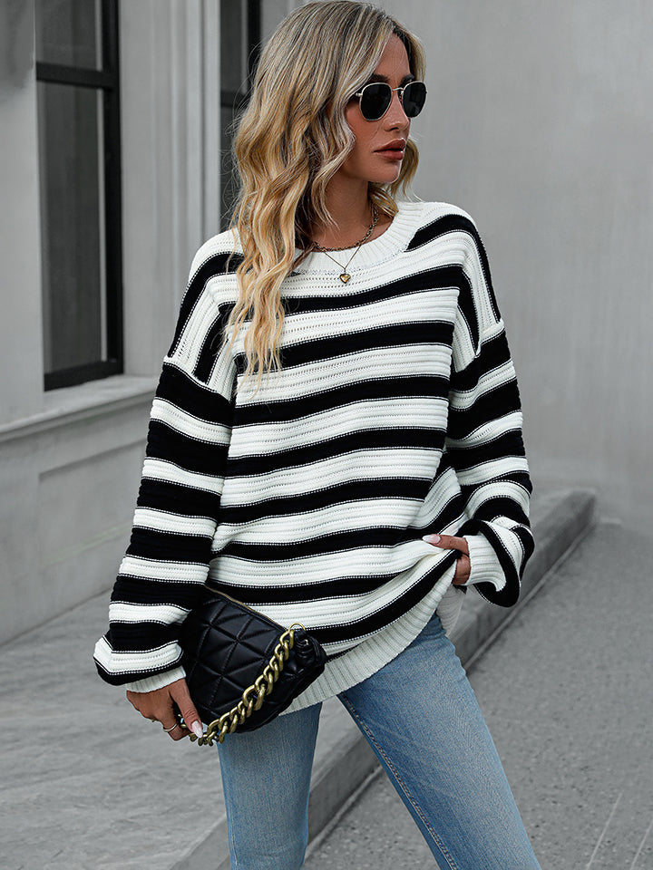 Striped Dropped Shoulder Sweater Print on any thing USA/STOD clothes