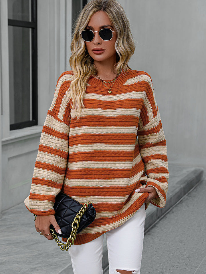 Striped Dropped Shoulder Sweater Print on any thing USA/STOD clothes