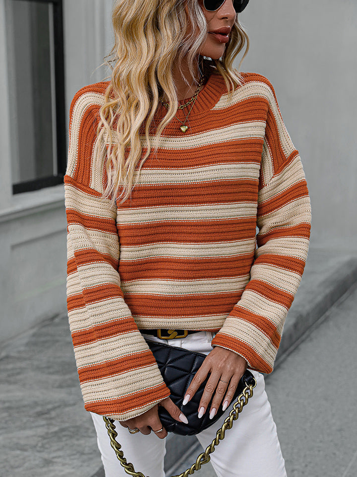 Striped Dropped Shoulder Sweater Print on any thing USA/STOD clothes