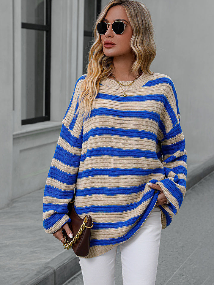 Striped Dropped Shoulder Sweater Print on any thing USA/STOD clothes