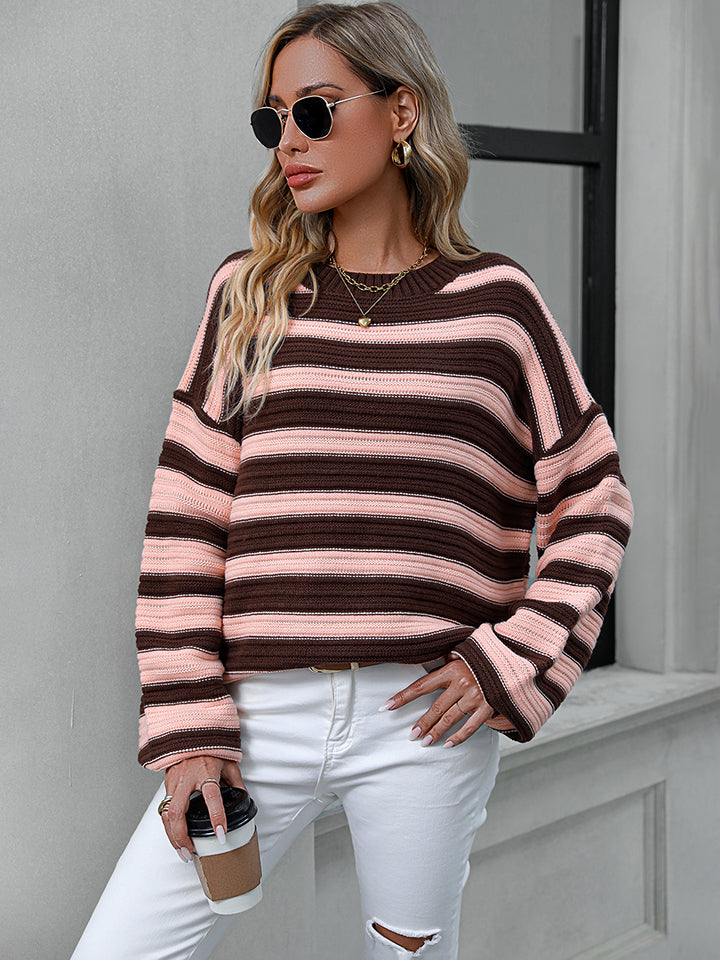 Striped Dropped Shoulder Sweater Print on any thing USA/STOD clothes