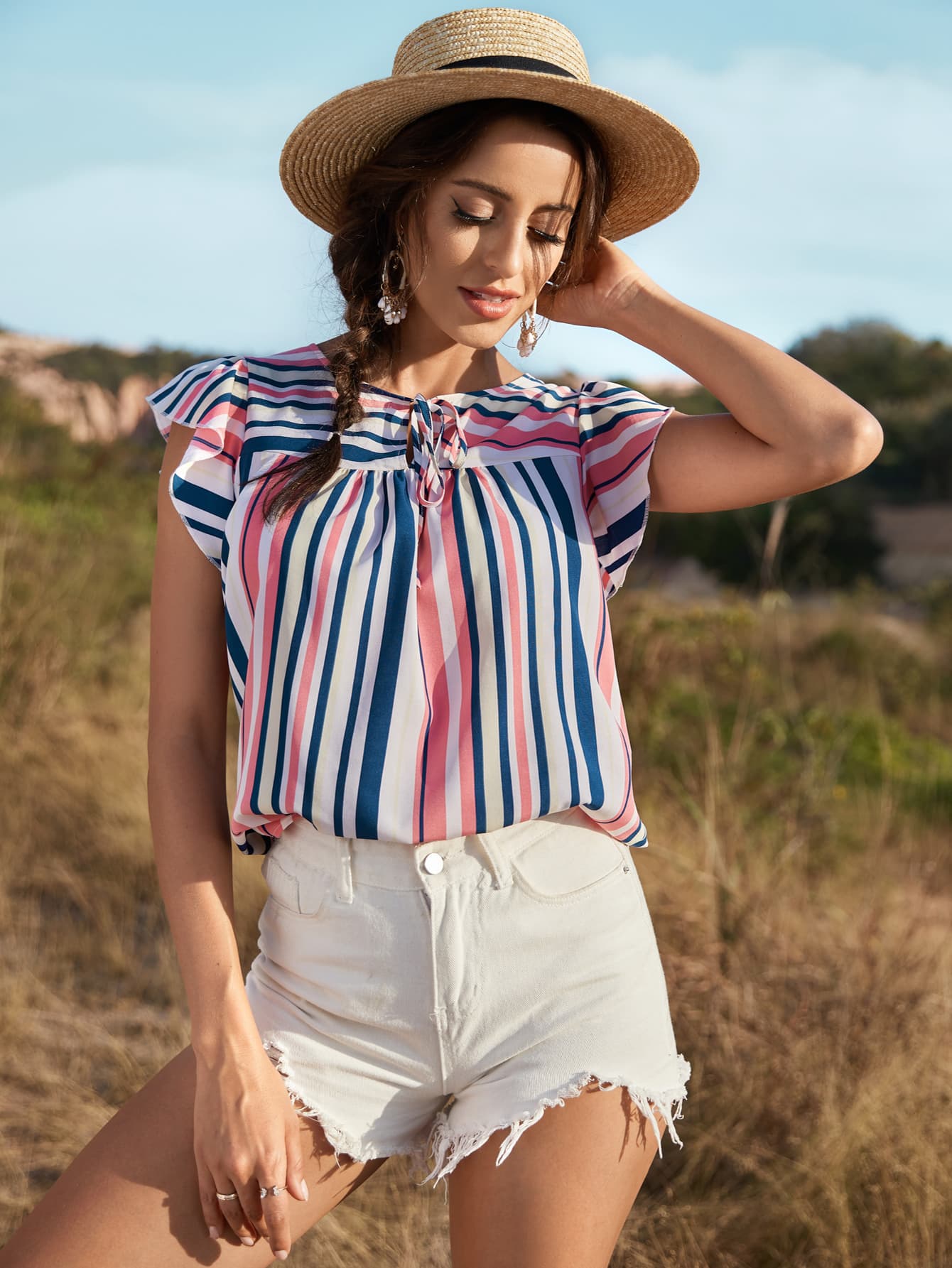 Striped Flutter Sleeve Tied Blouse Print on any thing USA/STOD clothes