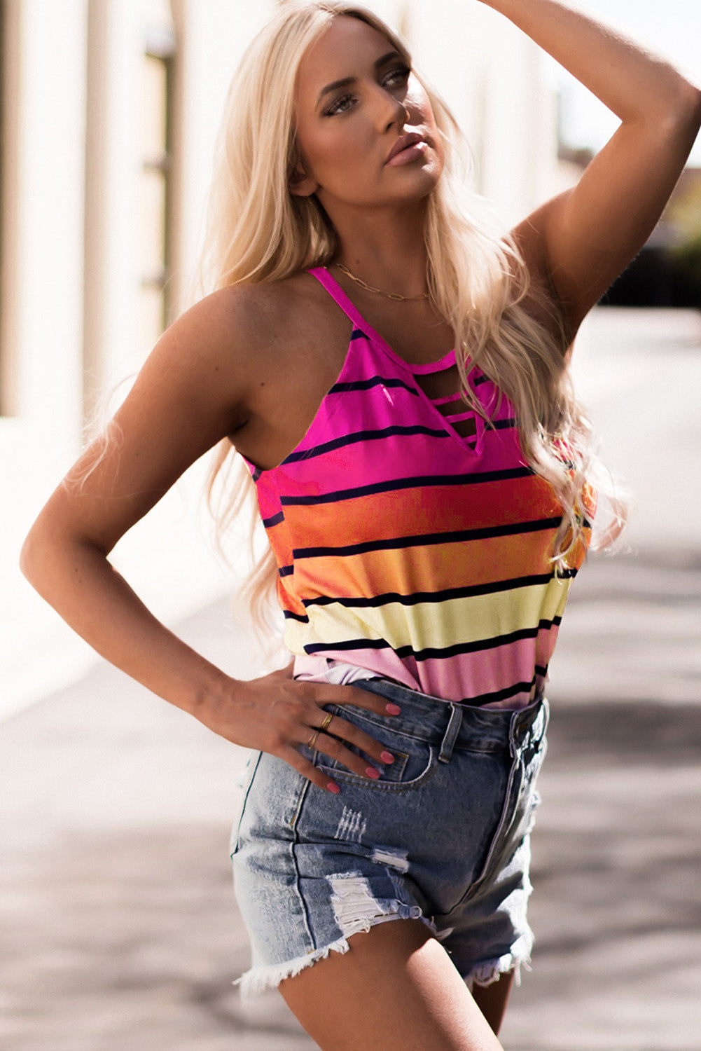 Striped Gradient Ladder-Cutout Tank Print on any thing USA/STOD clothes