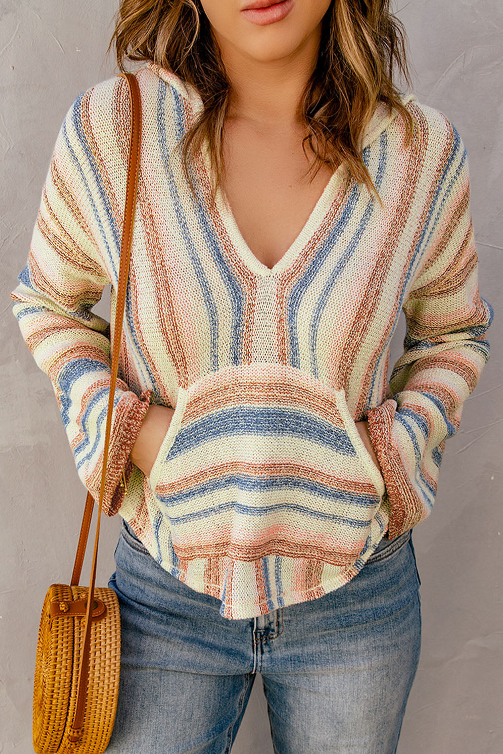 Striped Hooded Sweater with Kangaroo Pocket Print on any thing USA/STOD clothes