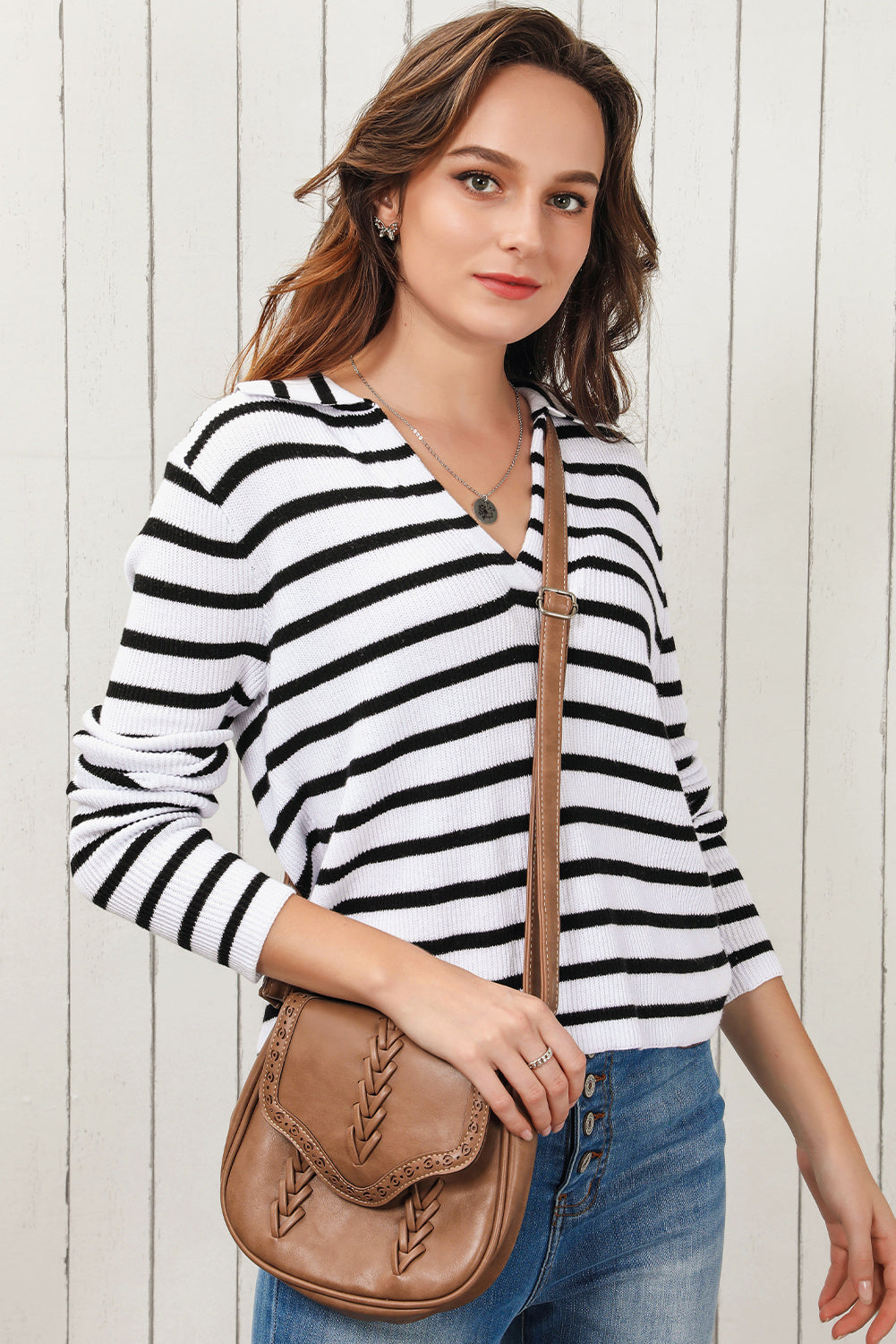 Striped Johnny Collar Long Sleeve Knit Top Print on any thing USA/STOD clothes