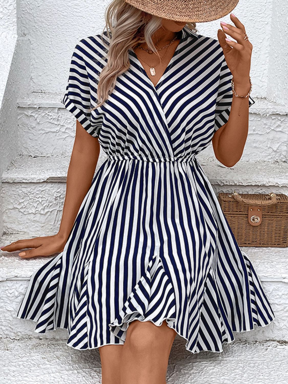 Striped Johnny Collar Mini Dress Print on any thing USA/STOD clothes