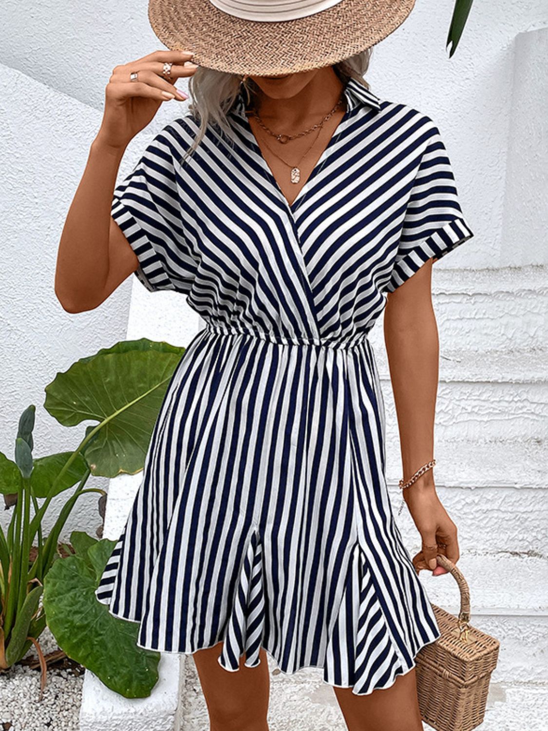 Striped Johnny Collar Mini Dress Print on any thing USA/STOD clothes