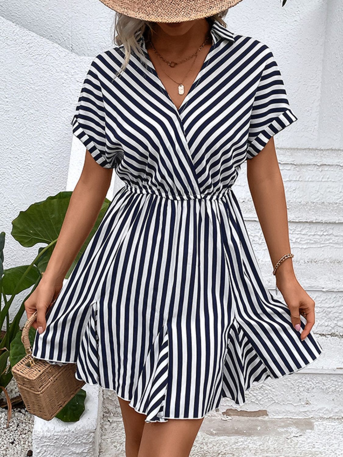 Striped Johnny Collar Mini Dress Print on any thing USA/STOD clothes