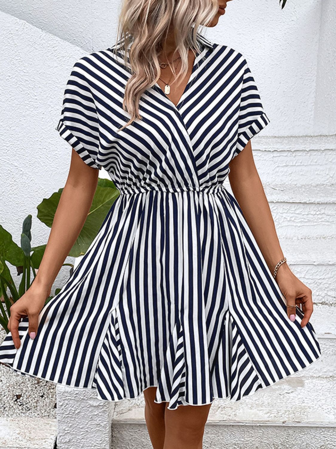 Striped Johnny Collar Mini Dress Print on any thing USA/STOD clothes