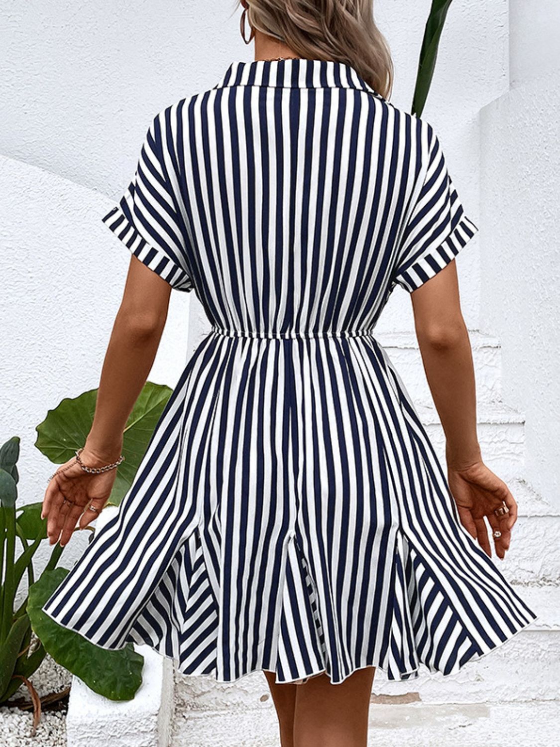 Striped Johnny Collar Mini Dress Print on any thing USA/STOD clothes