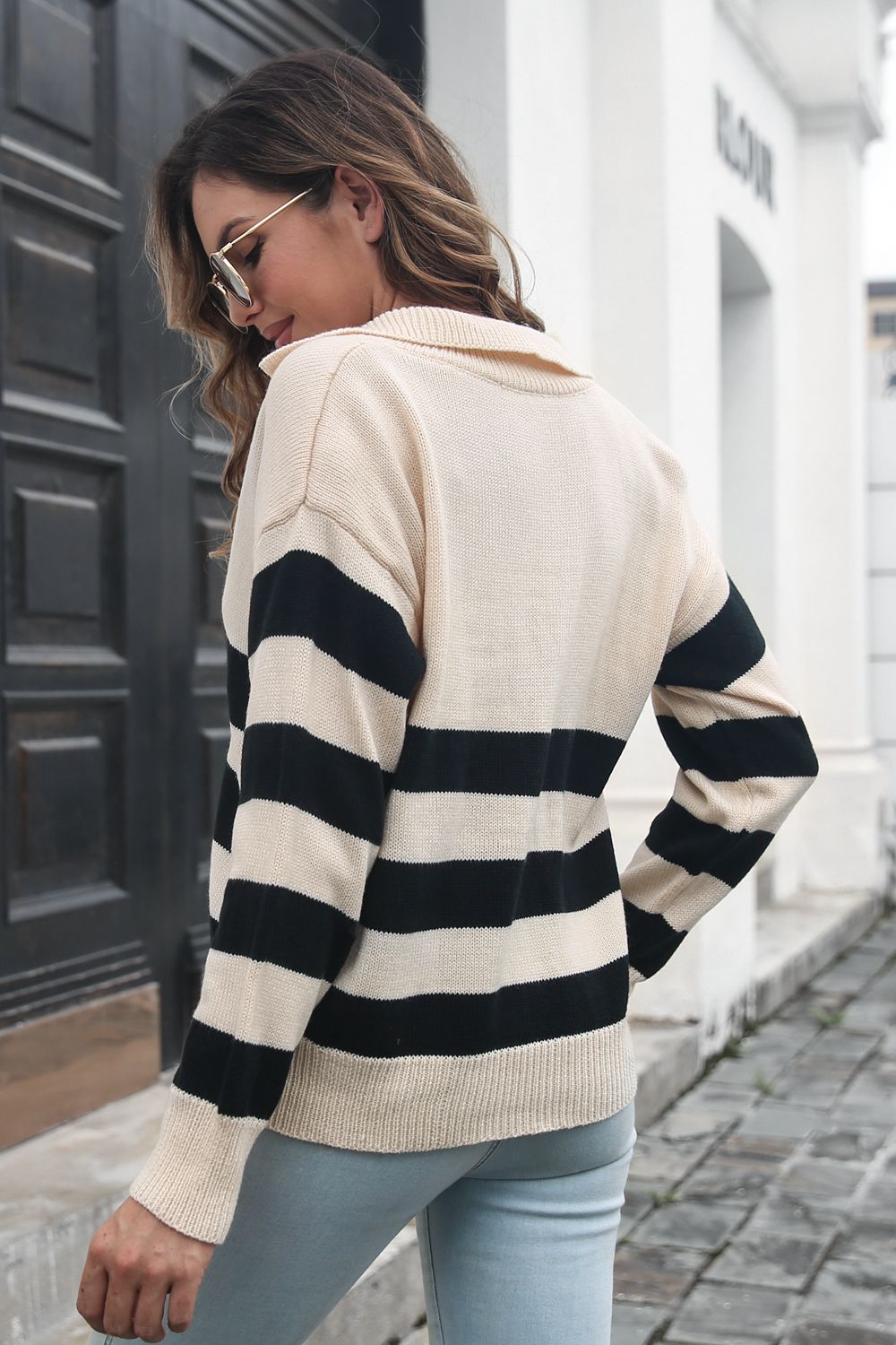 Striped Johnny Collar Sweater Print on any thing USA/STOD clothes