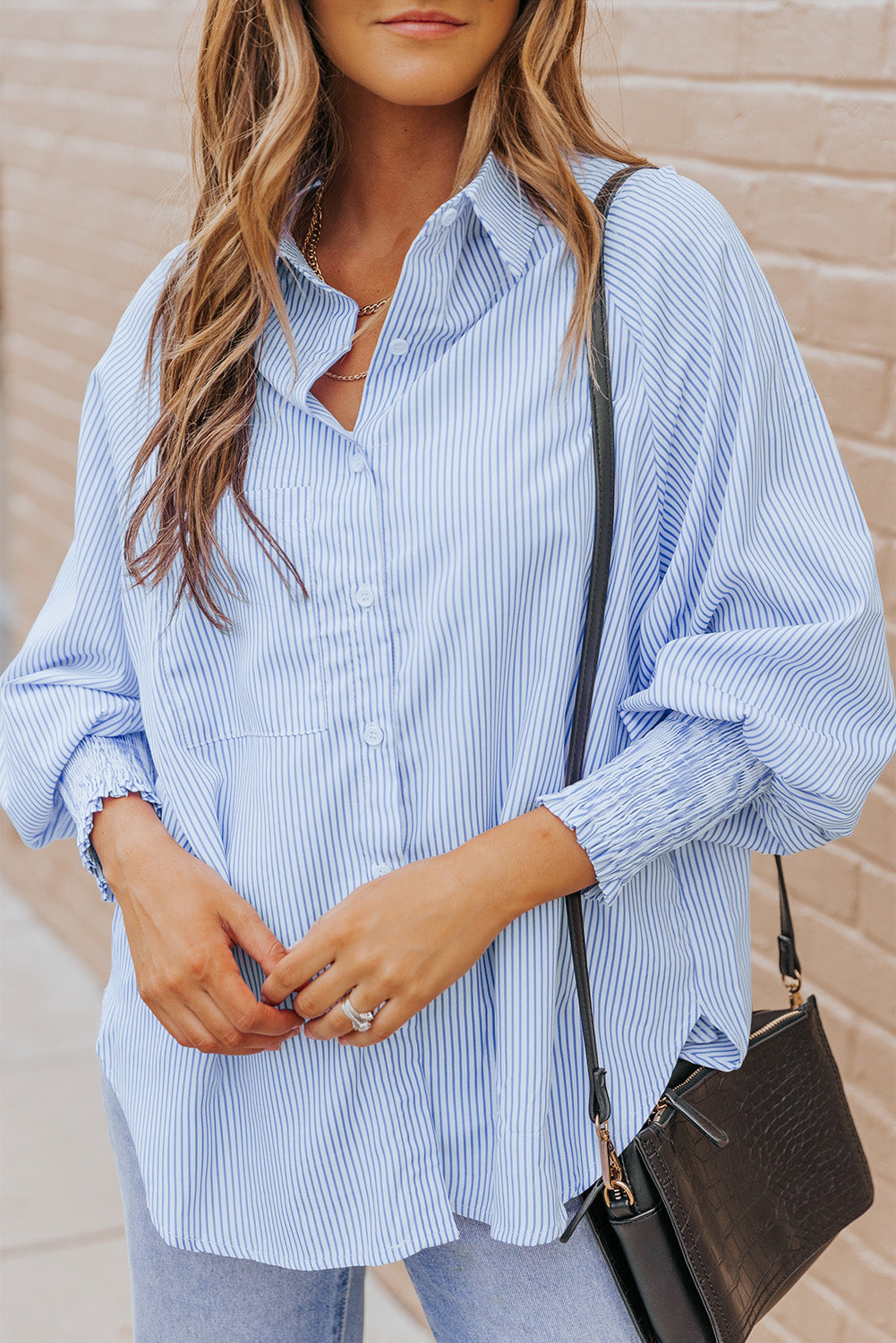 Striped Lantern Sleeve Collared Shirt Print on any thing USA/STOD clothes