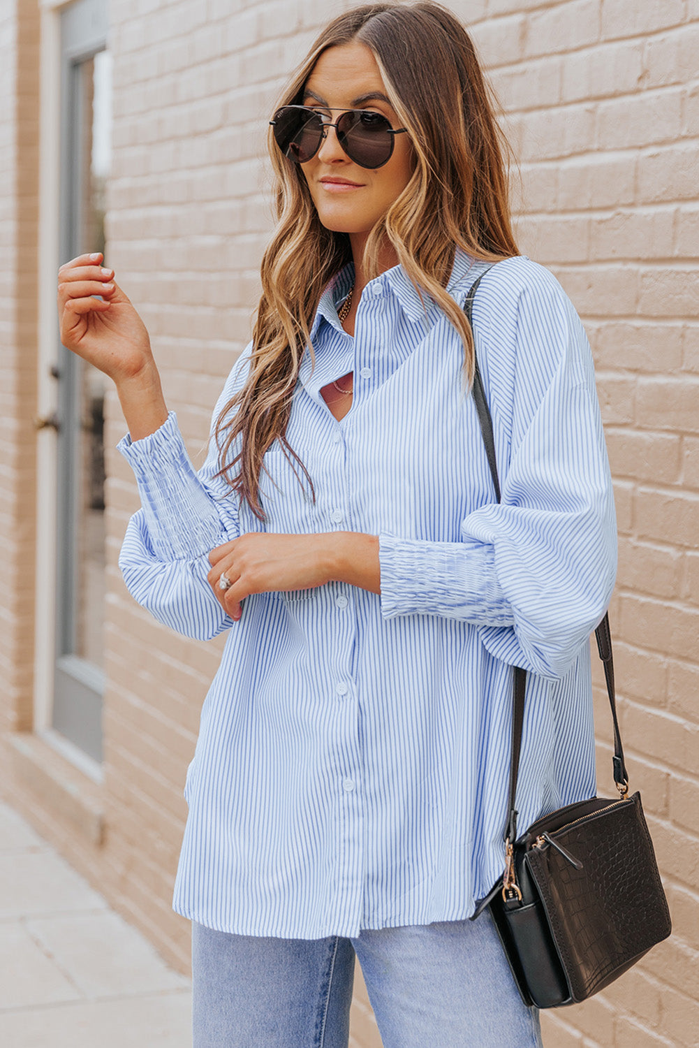 Striped Lantern Sleeve Collared Shirt Print on any thing USA/STOD clothes