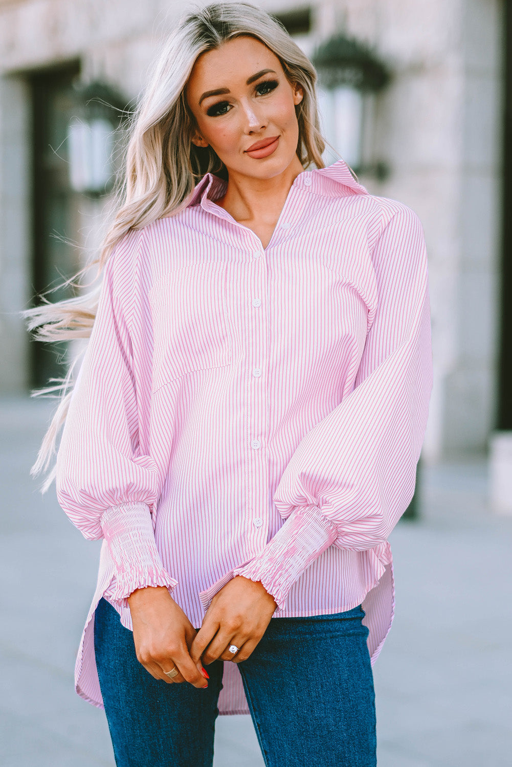 Striped Lantern Sleeve Collared Shirt Print on any thing USA/STOD clothes