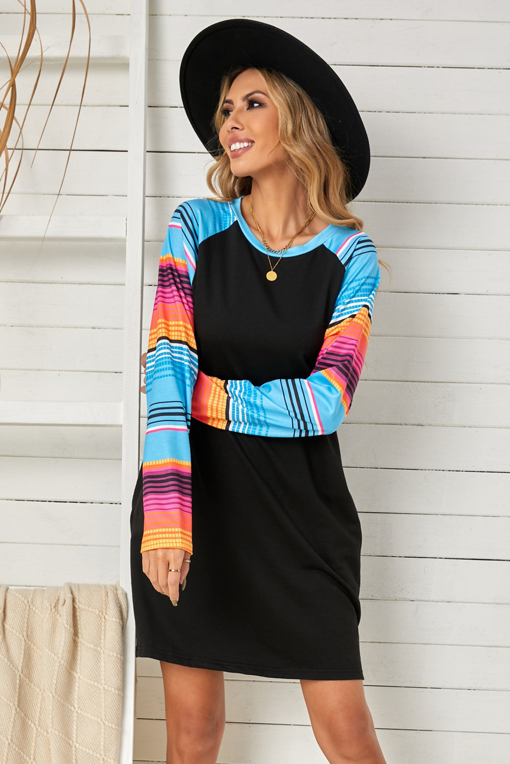 Striped Long Raglan Sleeve Round Neck Dress Print on any thing USA/STOD clothes