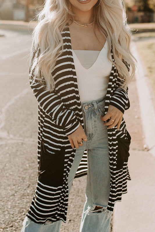 Striped Long Sleeve Cardigan with Pocket Print on any thing USA/STOD clothes