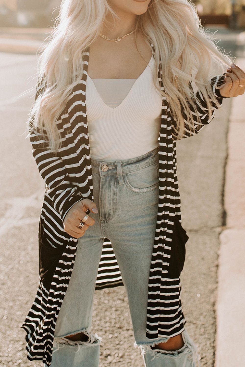 Striped Long Sleeve Cardigan with Pocket Print on any thing USA/STOD clothes