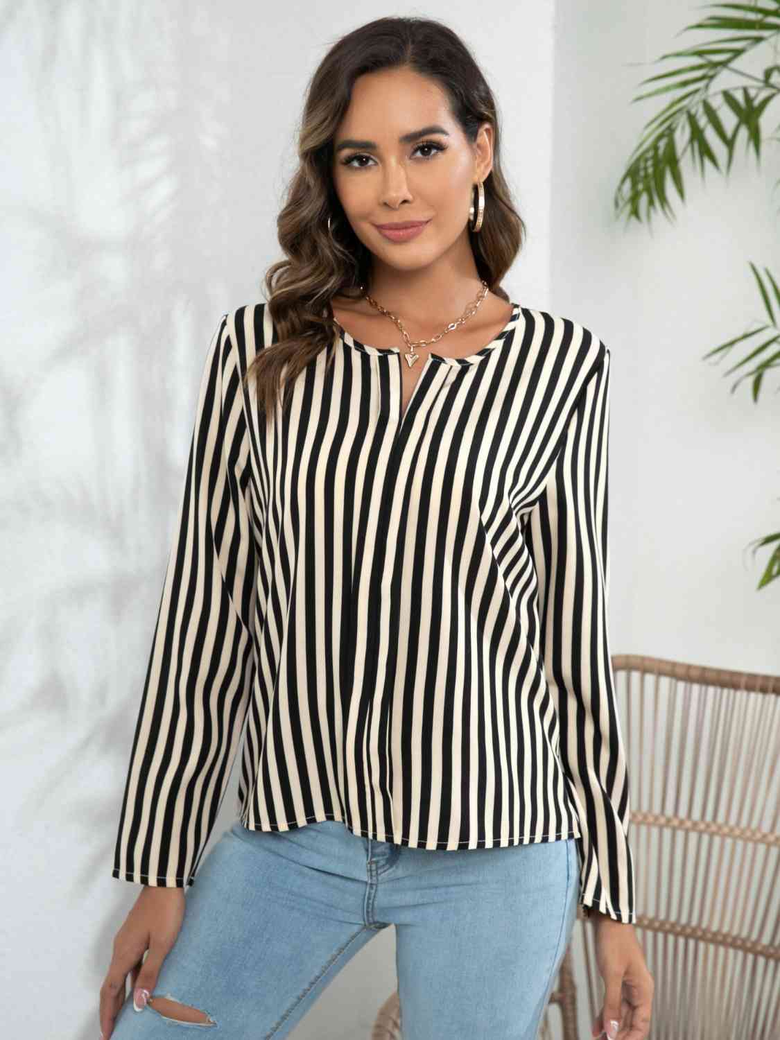 Striped Long Sleeve Notched Blouse Print on any thing USA/STOD clothes