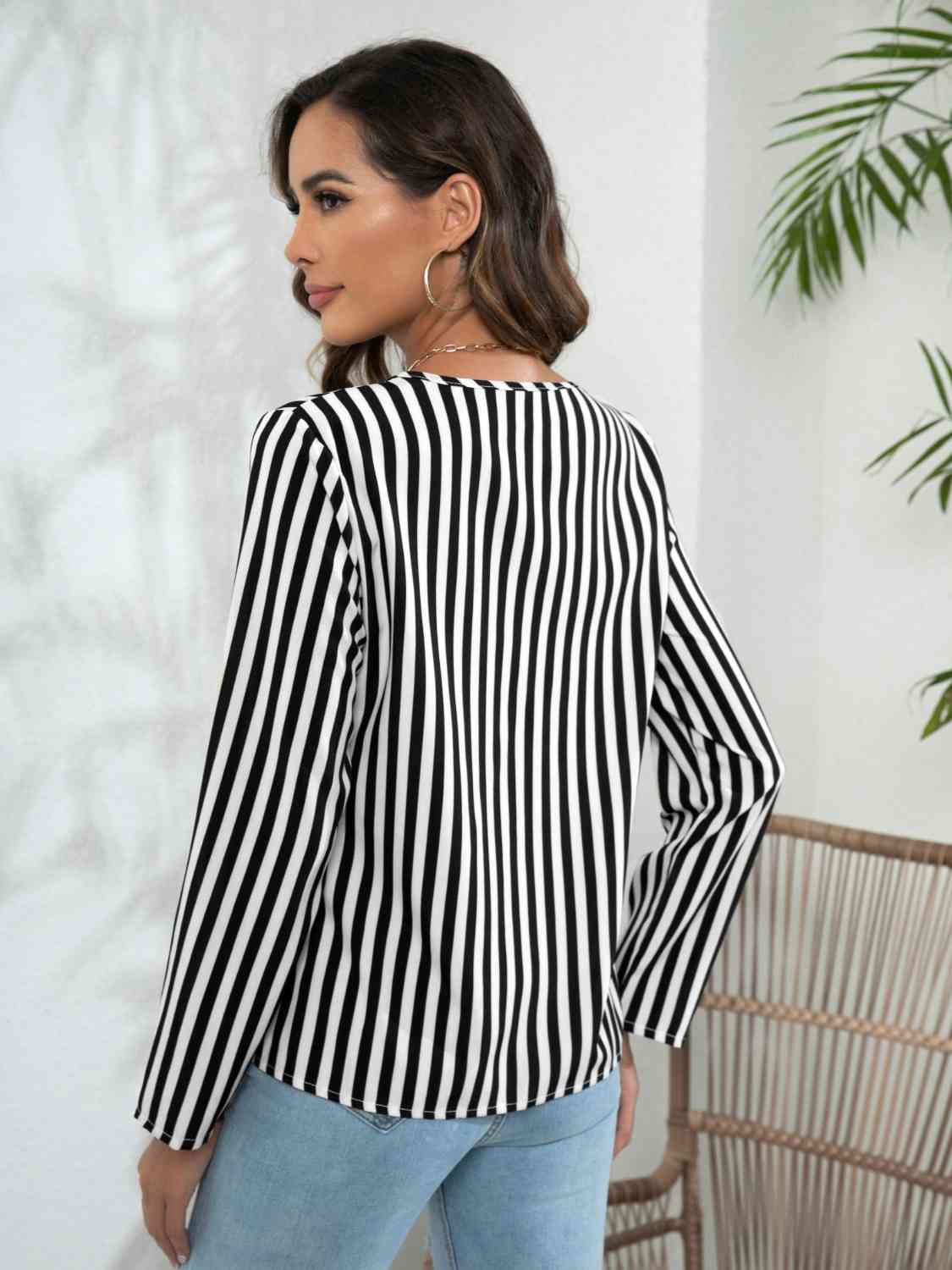 Striped Long Sleeve Notched Blouse Print on any thing USA/STOD clothes