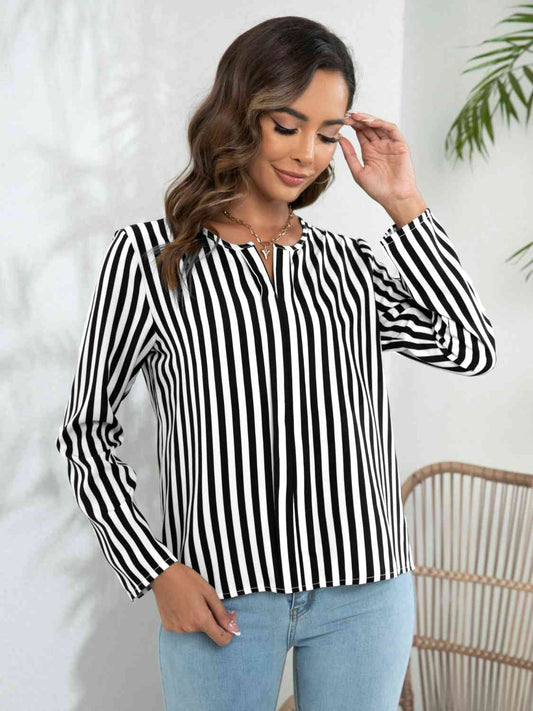 Striped Long Sleeve Notched Blouse Print on any thing USA/STOD clothes