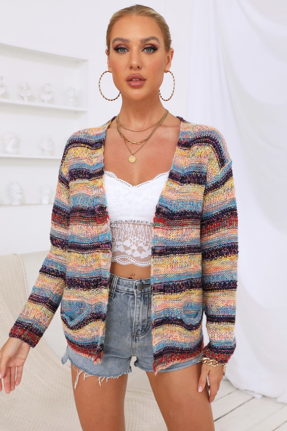 Striped Long Sleeve Open Front Cardigan Print on any thing USA/STOD clothes
