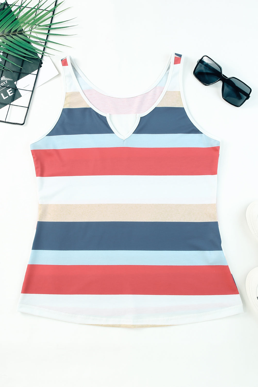 Striped Notched Neck Tank Print on any thing USA/STOD clothes